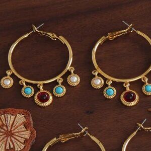 NEW Aetna Roman Revival Jeweled Drop Gold Hoop Earrings